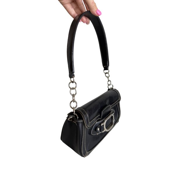Y2K Vintage‎ Mini Black Leather Shoulder Bag With Silver Buckle Closure - Picture 3 of 9